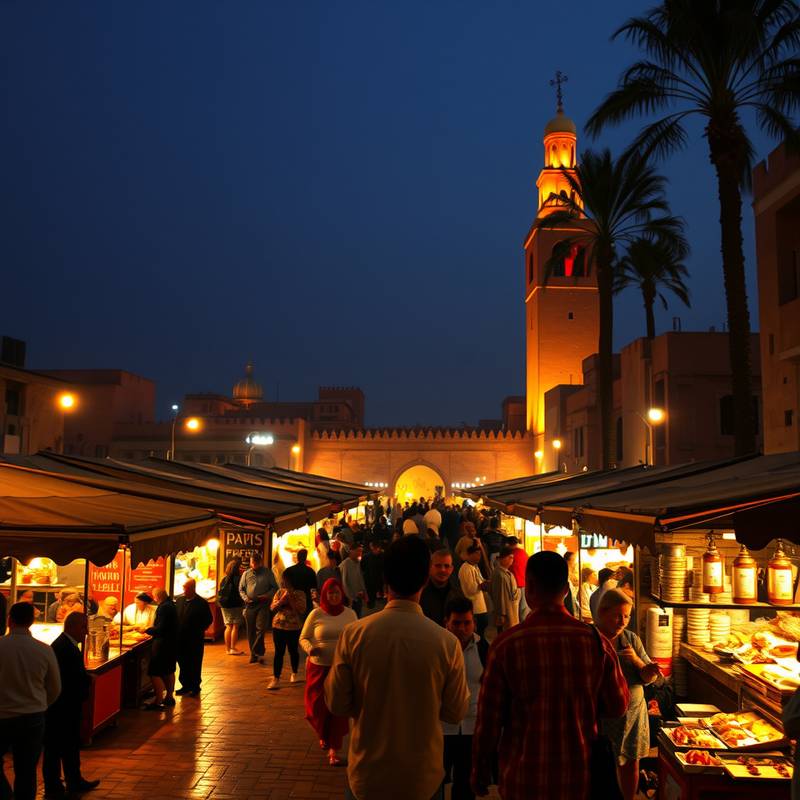 Animado ambiente en la plaza Djemaa el-Fna en Marrakech, Marruecos, con puestos de comida, música y artistas callejeros.