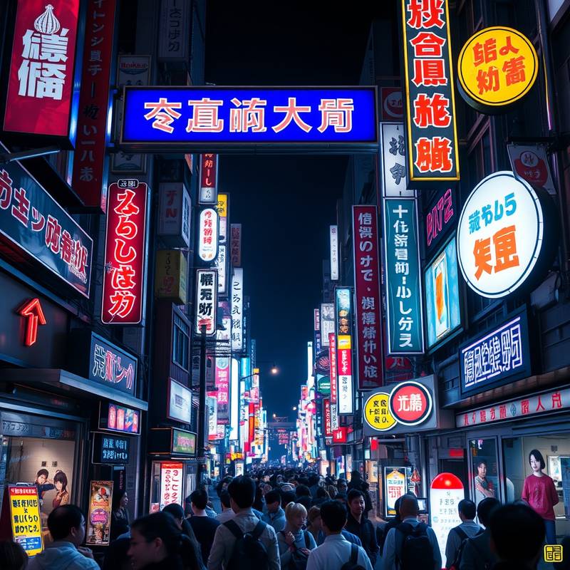 Calle iluminada de noche en Tokio, Japón, con multitudes y letreros luminosos.