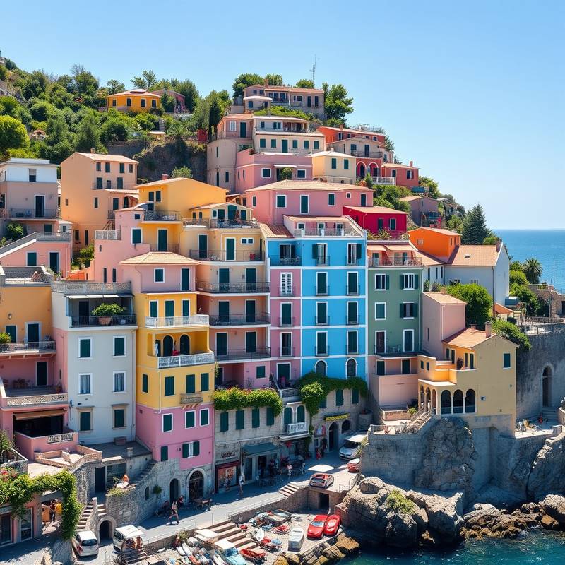 Coloridas casas en la costa Amalfitana en Italia, con vistas al mar Mediterráneo.