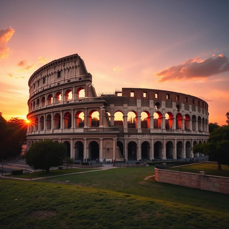 El Coliseo romano iluminado al atardecer en Roma, Italia.