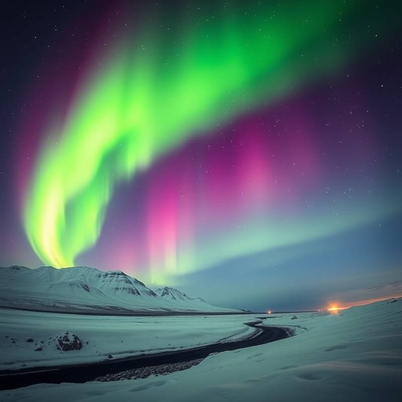Fotografía de una impresionante aurora boreal sobre un paisaje nevado en Islandia.