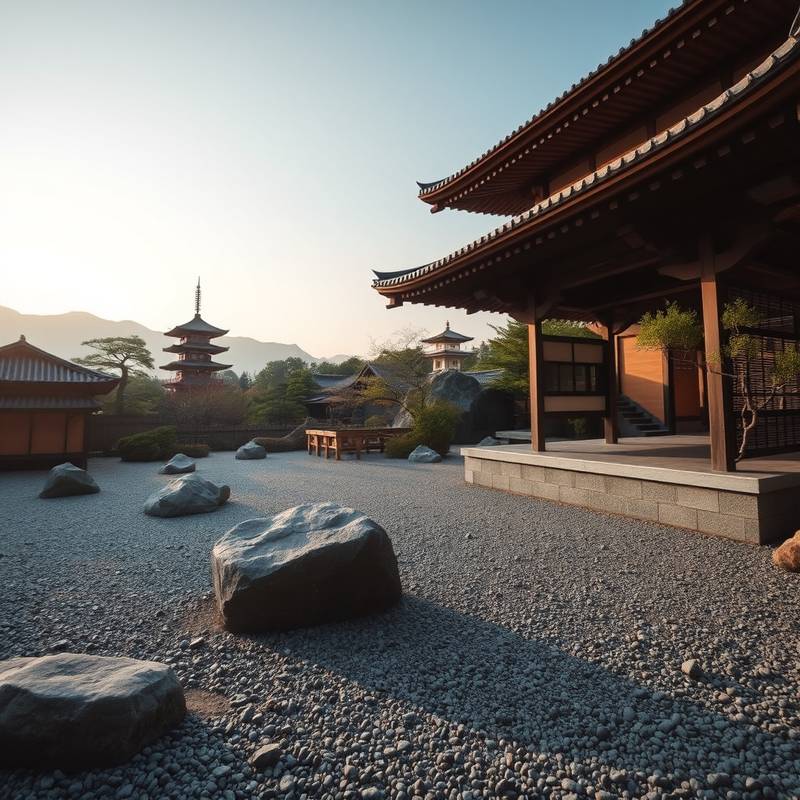 Imagen de un tranquilo jardín zen en Kioto, Japón, con rocas, grava y un templo de fondo.