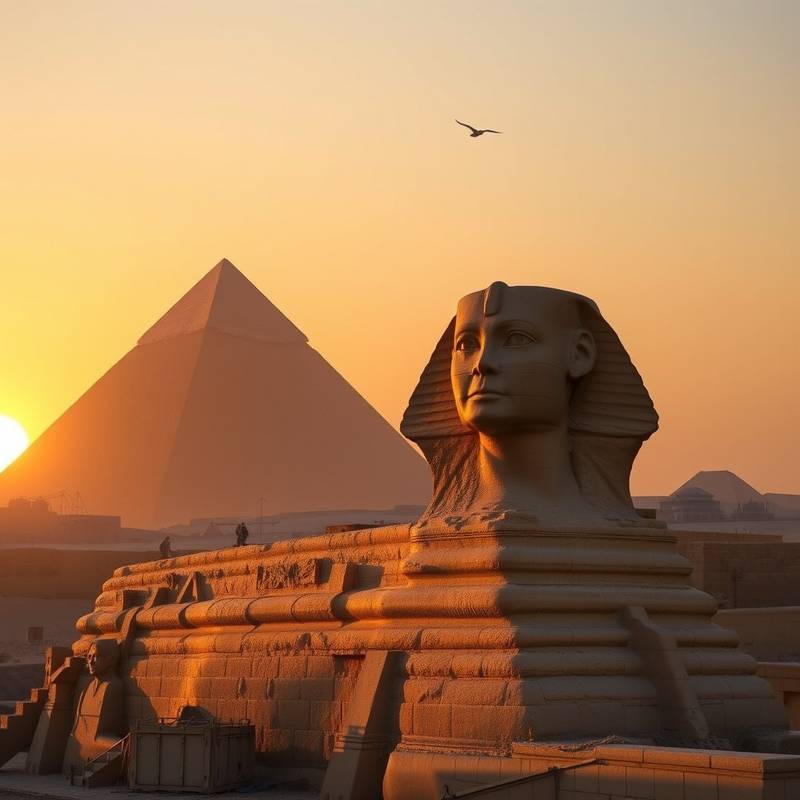 Las Pirámides de Giza y la Esfinge al atardecer, El Cairo, Egipto.