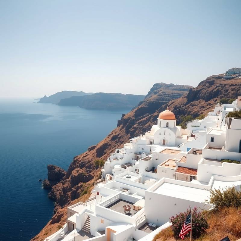Pueblo blanco de Santorini, Grecia, con vistas al mar Egeo azul profundo.