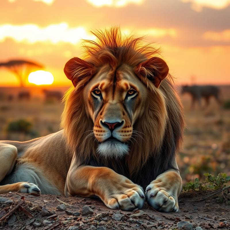 Un león macho descansando en la sabana africana durante un safari al amanecer.