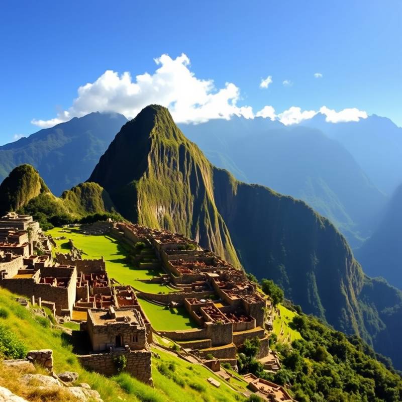 Vista panorámica de Machu Picchu, Perú, con montañas verdes de fondo.